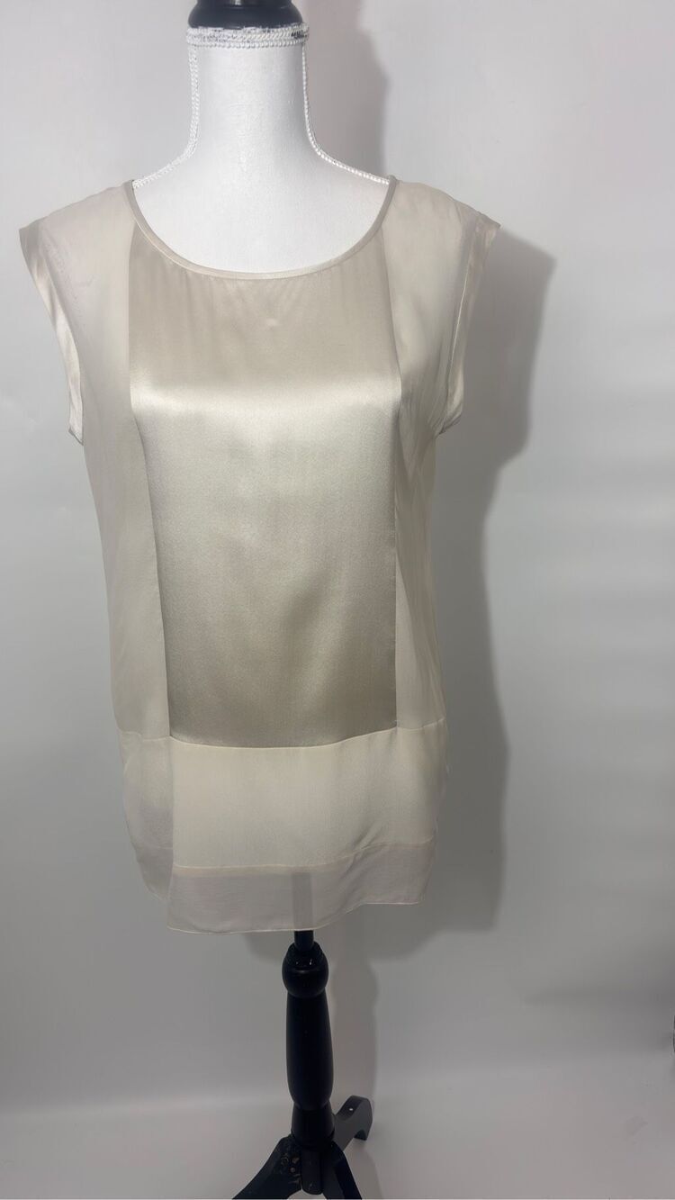 EILEEN FISHER PETITE P/P Silk Blend Cap Sleeve Blouse Top - Neutral Colorblock